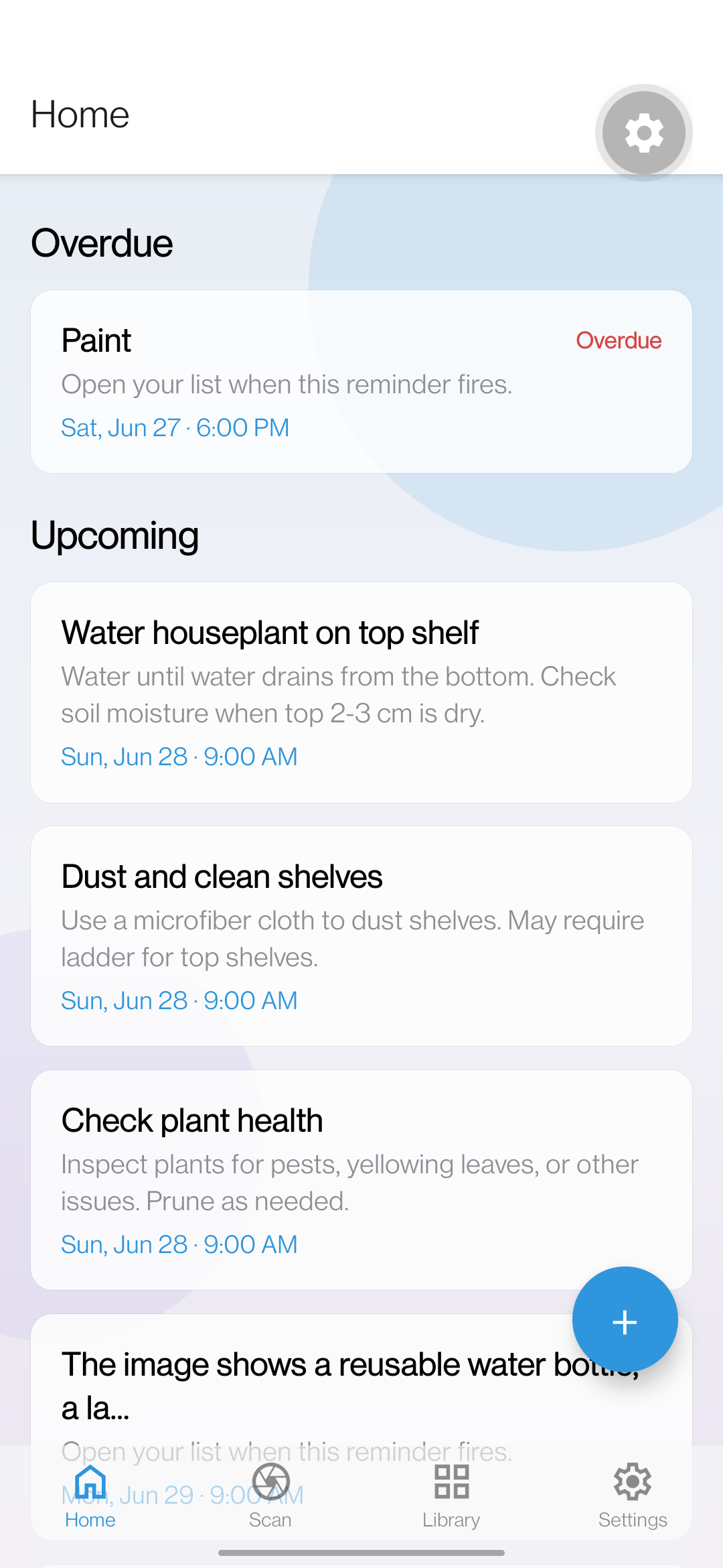 AIReminderBuddy home screen with upcoming and overdue reminders
