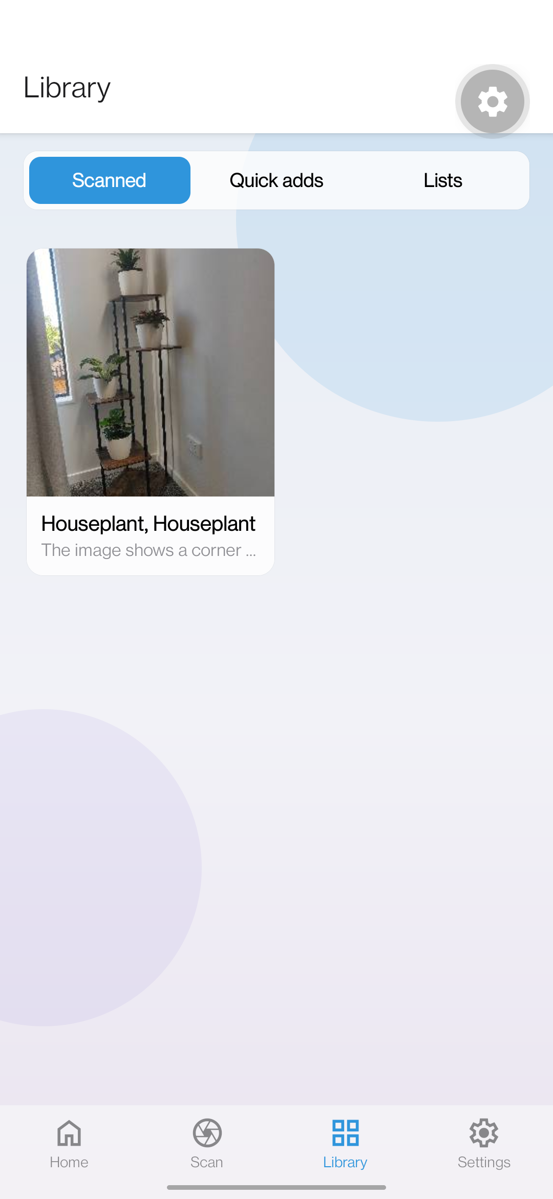 Object library showing scanned items in a thumbnail grid