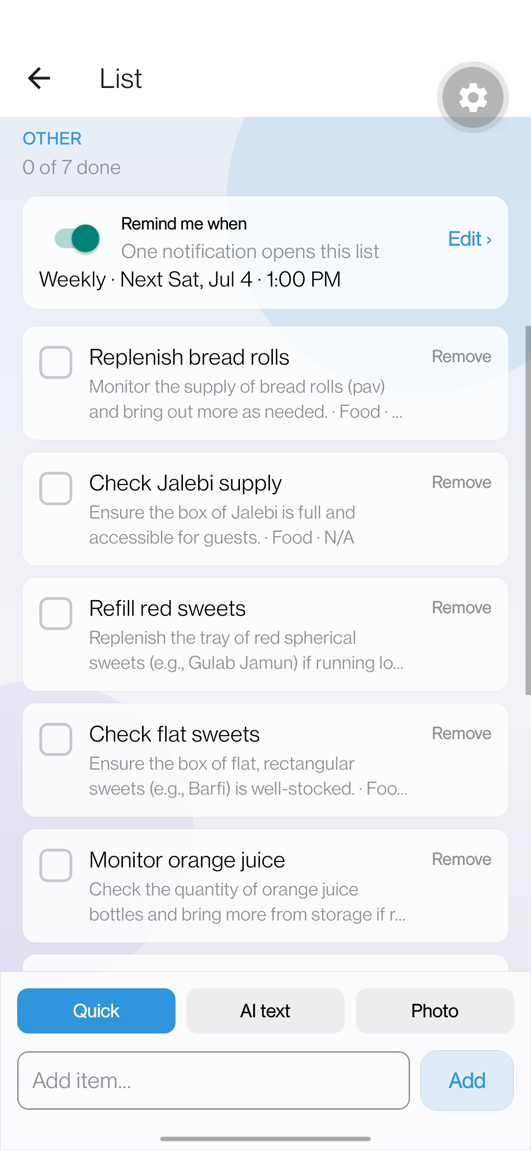 Checklist with items, reminder schedule, and quick add controls