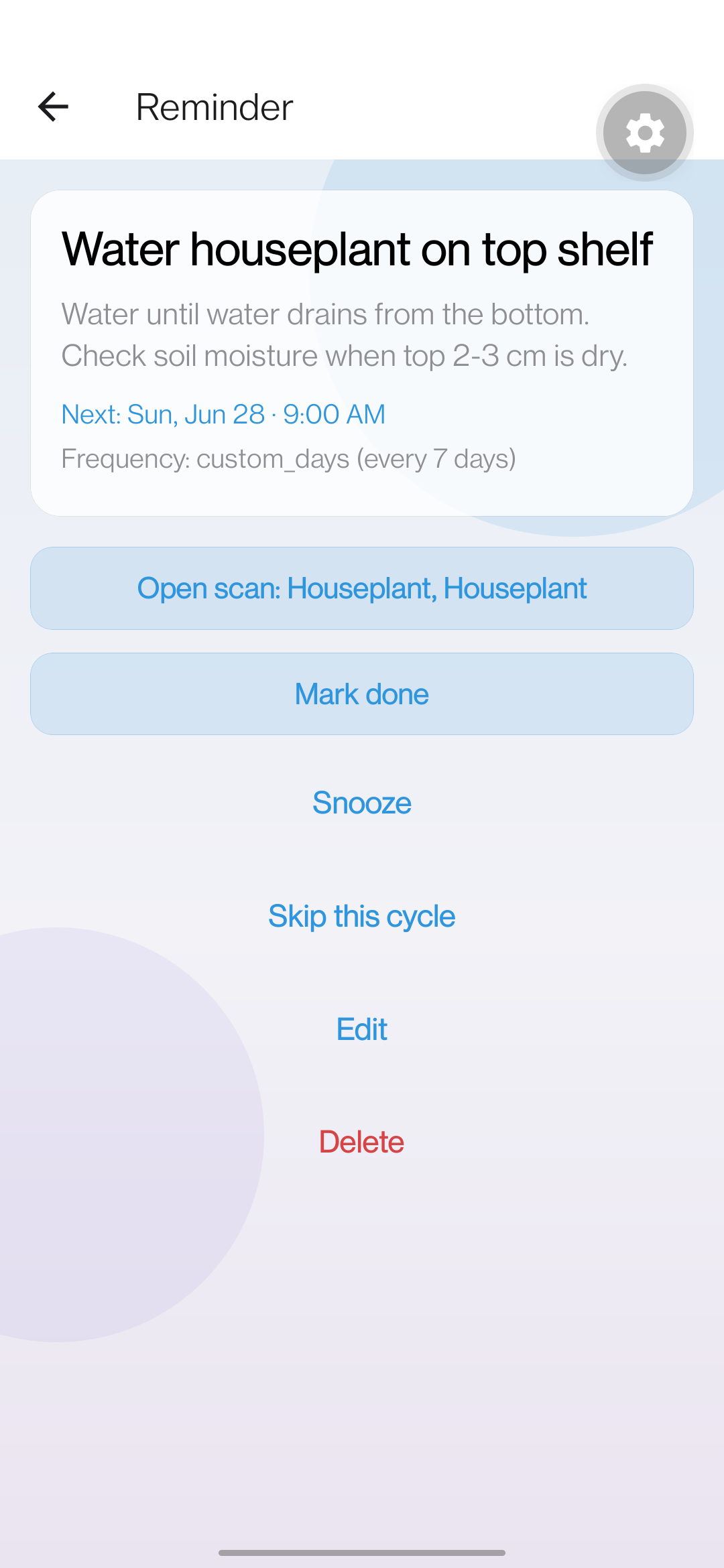 Reminder detail screen with mark done, snooze, and skip actions