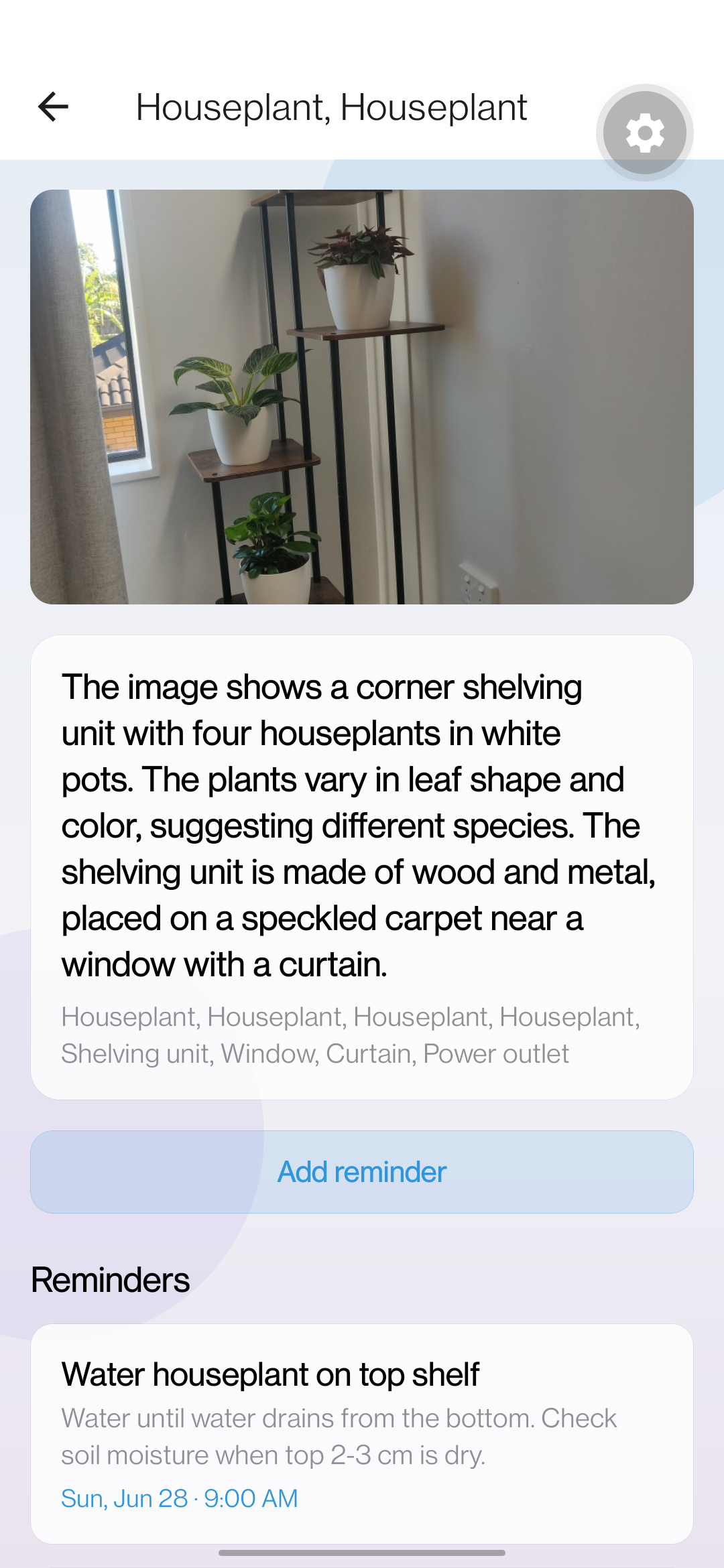 Scanned houseplant with AI labels and linked care reminders