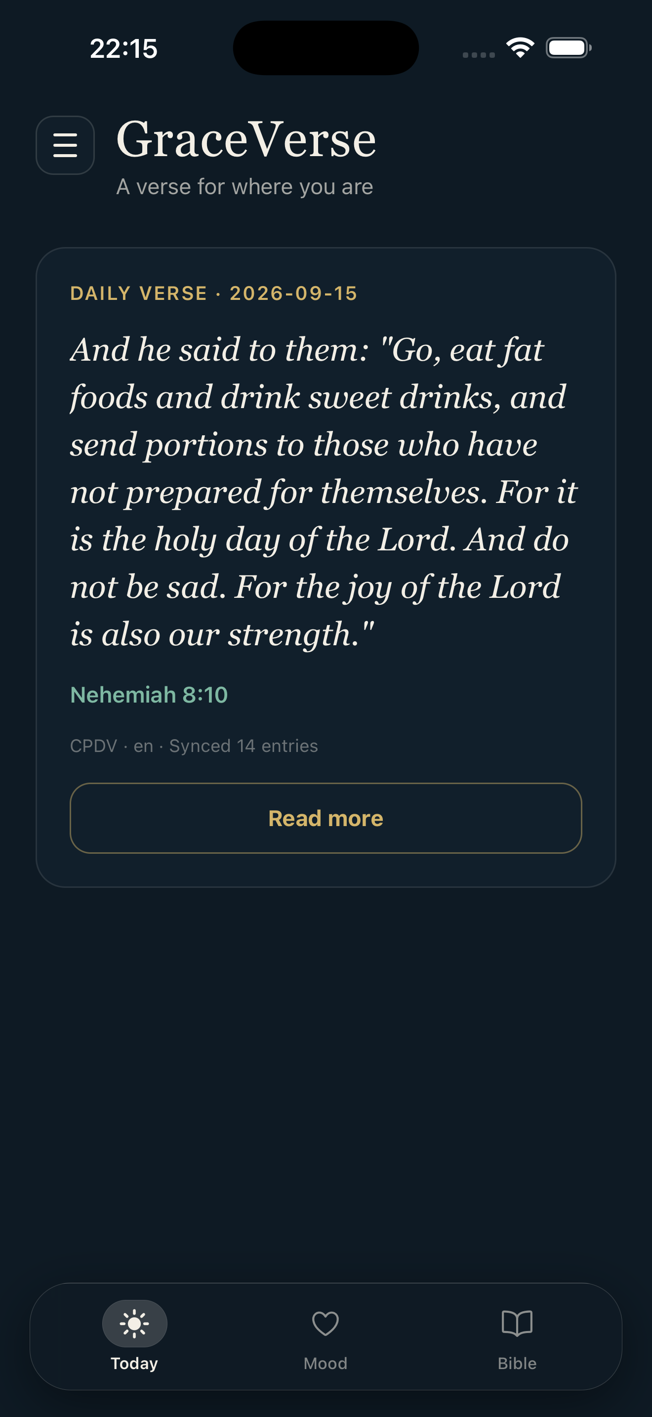 GraceVerse Today screen with the daily Catholic Bible verse
